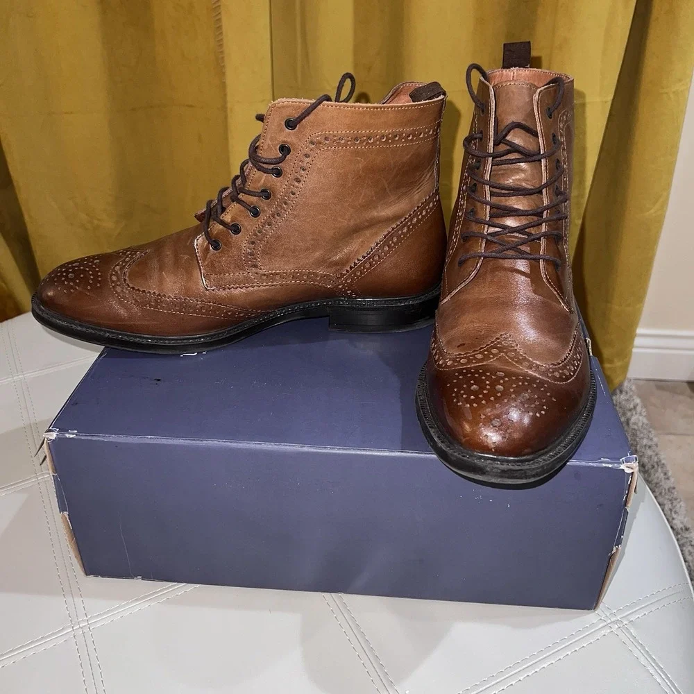 Stafford Deacon Wingtip Boots Mens 11 Cognac Brown Leather Brogue Lace Up‎ Dress
